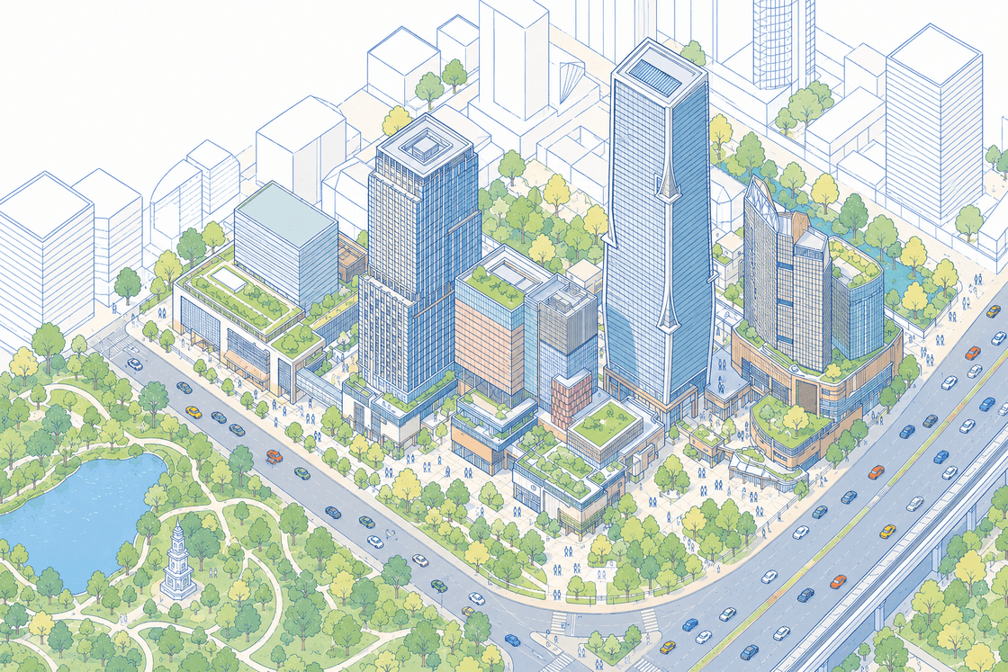 Axonometric illustration of the city — towers, a lakeside park and tree-lined boulevards, drawn in blue line and pastel wash.